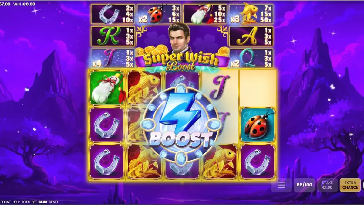 Pemandangan magis dari slot Super Wish Boost dengan simbol keberuntungan