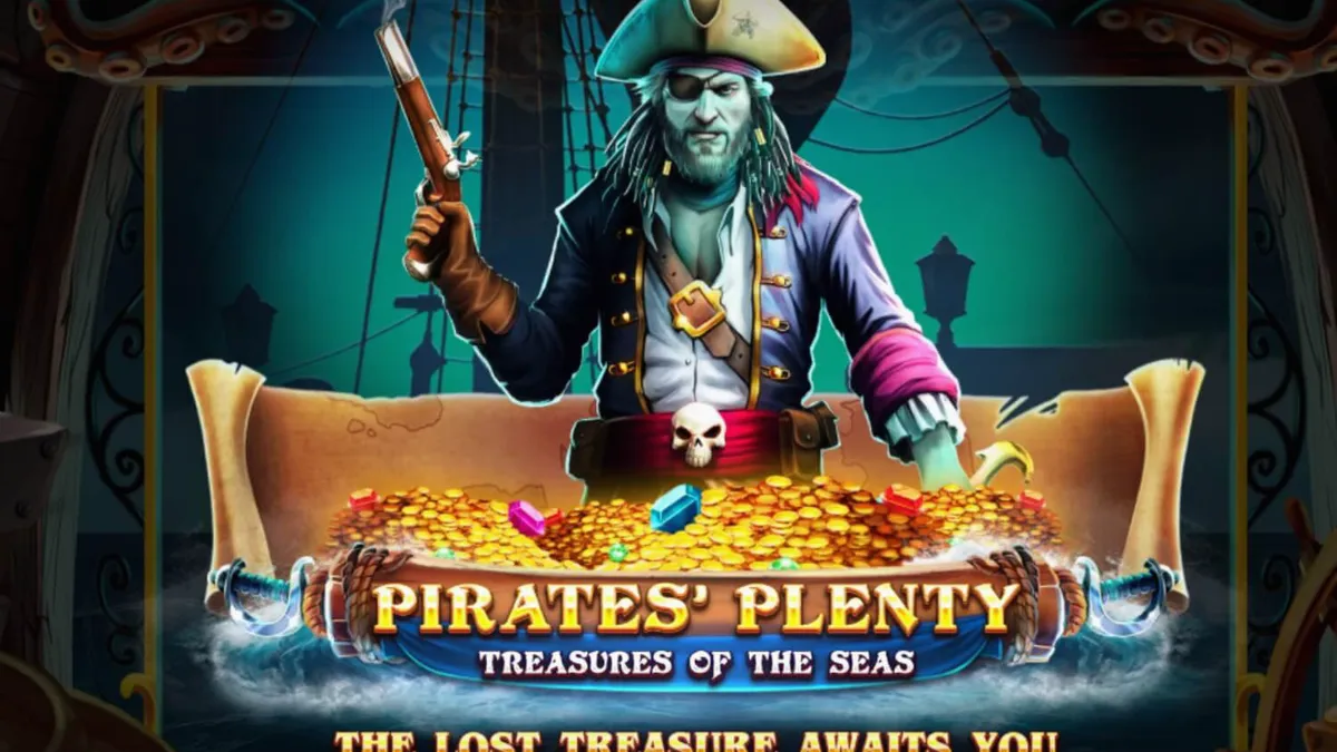 Tampilan visual slot Pirates’ Plenty: Treasures of the Seas dengan tema bajak laut dan peti harta karun.