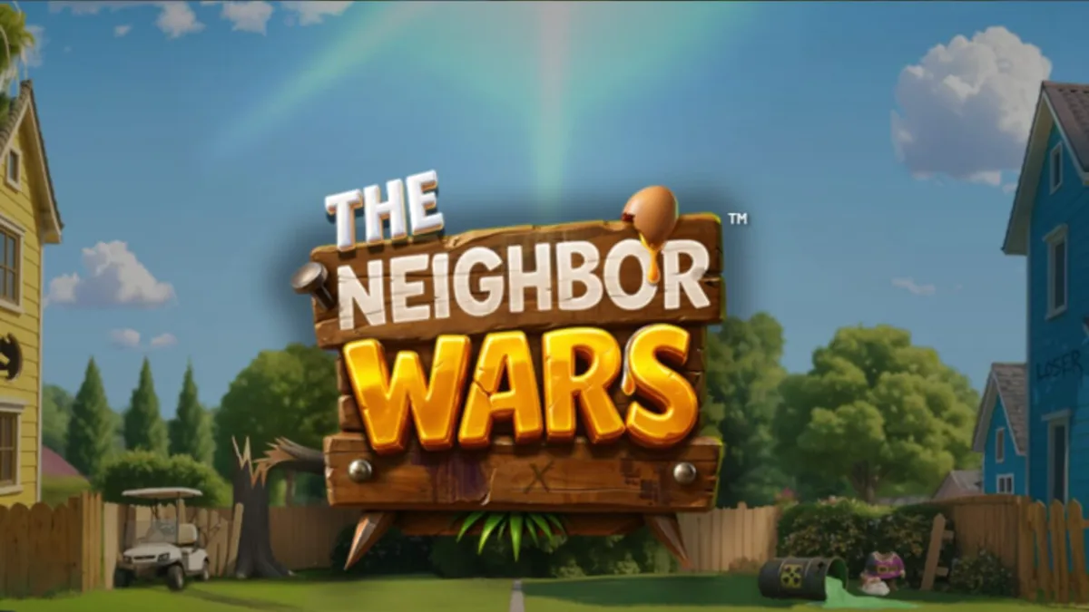 Tampilan visual slot The Neighbor Wars dengan tema perseteruan tetangga yang penuh warna dan kartun.