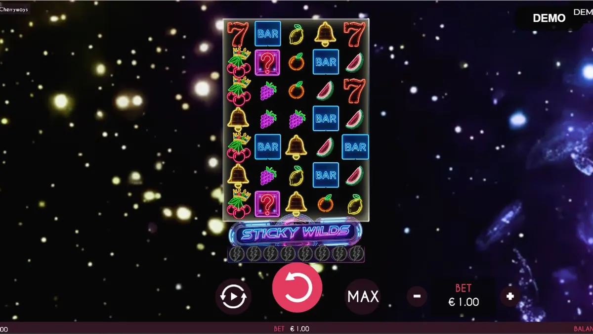 Tampilan visual neon dan futuristik dari slot Turbo Fortune Cherryways